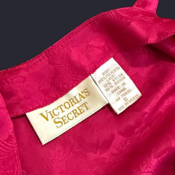 VTG 80s Victoria's Secret Bright Pink/Red Floral Black Beaded Lace Lingerie Slip - Picture 8 of 8